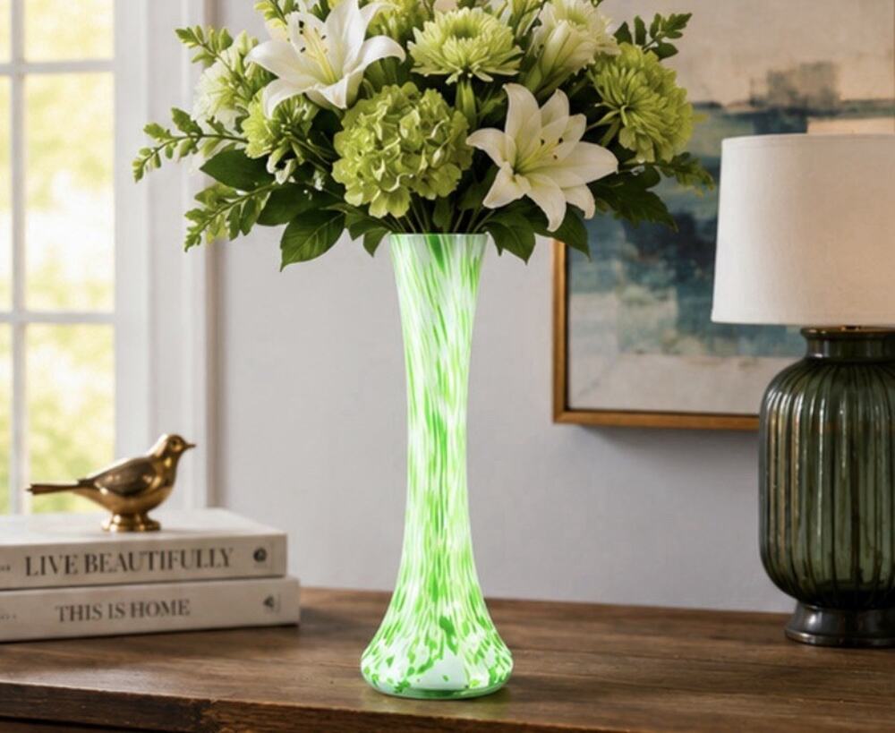 Murano MCM Style Green And White Swirl Cased Art Glass Bud Vase 12"